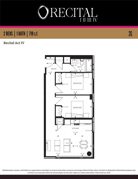 A floor plan for the Recital Act IV building shows two bedrooms, one bath, and living and dining areas.